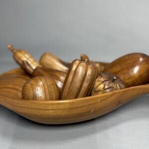 Vintage Retro MCM Carved Bowl Wooden Vegetable Fruit 10 Piece Set Fall Cottage